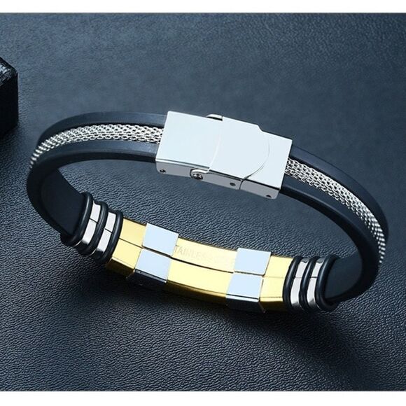 💎OS4💎 Gorgeous Black Silicone Stainless Steel Mens Unisex Bracelet - Picture 13 of 16